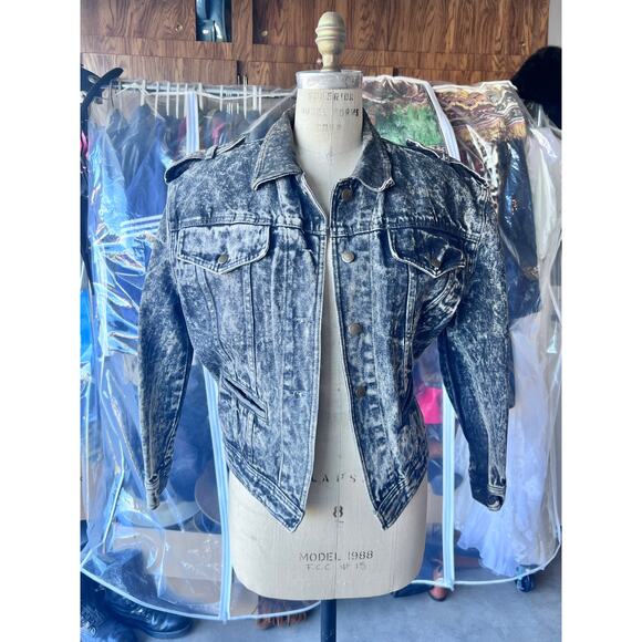 VTG 80s Black Acid Wash Jean Jacket Distressed Denim Grunge Goth Rocker Festival - Picture 1 of 6
